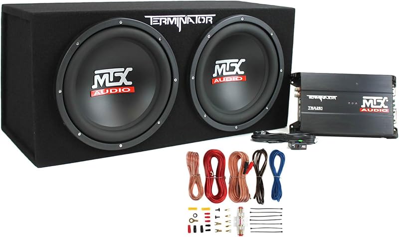 MTX - Caja de subwoofer para auto de 12 pulgadas, 400 W RMS, doble carga, 1200 W, audio con caja secundaria, bloque mono y amplificador de calibre 8, kit completo de instalación de cableado