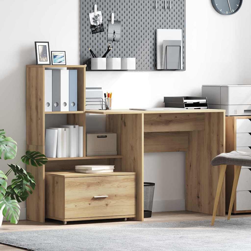Biurko z drewna dębowego Artisan 131,5 x 50 x 106,5 cm z półką i szufladą do biura, biura domowego, gabinetu, mebli biurowych, miejsca pracy, gabinetu