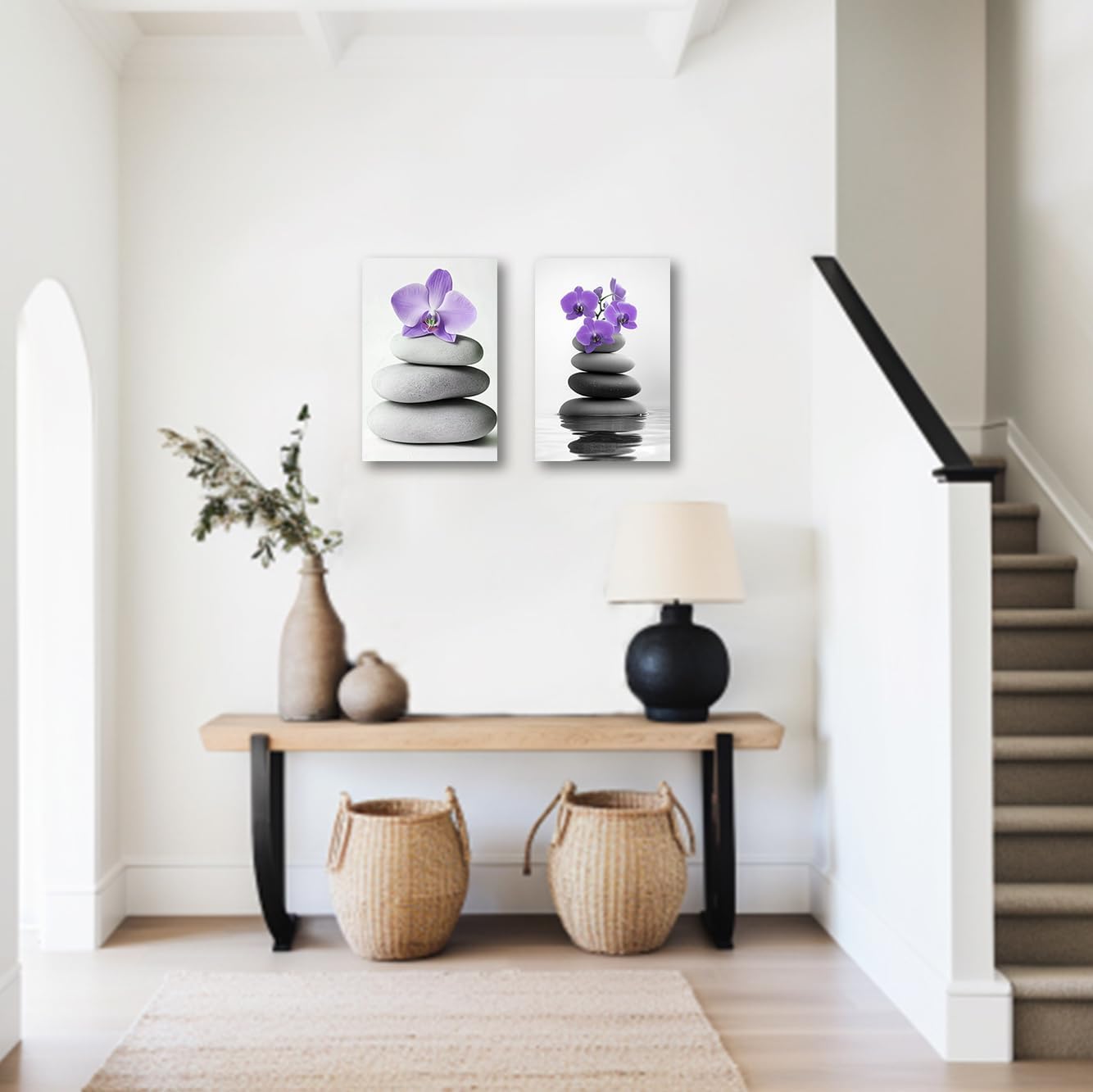 CXHOSTENT Zen Wall Art 2 Pieces Stone Picture Orchid Flower Canvas Prints Spa Bathroom Painting for Meditation Yoga Room Office Home Framed (Purple, 11x14inchx2 Pieces)