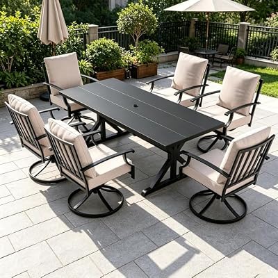 ALAULM 7-Piece Patio Dining Set,Outdoor Metal Dining Set with 6 Swivel Chairs & Rectangle Table with 1.5 Umbrella Hole, Patio Dining Table and Chairs for Backyard, Sand