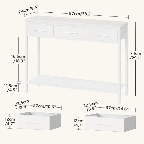 MAHANCRIS Console Table with 3 Fabric Drawers, Narrow Console Table with Open Shelf, 97 cm L Slim Entryway Table, Couch Table, for Hallway, Living Room, Bedroom, White ACTWT3301