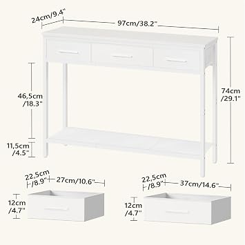 MAHANCRIS Console Table with 3 Fabric Drawers, Narrow Console Table with Open Shelf, 97 cm L Slim Entryway Table, Couch Table, for Hallway, Living Room, Bedroom, White ACTWT3301