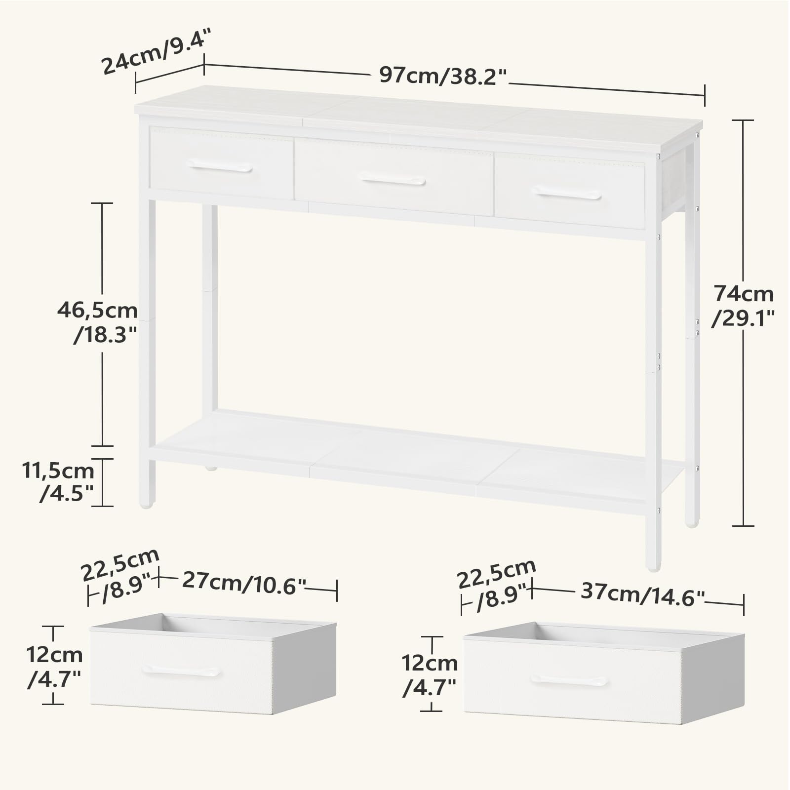 MAHANCRIS Table d’Entrée, 3 Tiroirs en Tissu et PU et Étagère de Rangement Ouverte, 97 x 24 x 74 cm, Console Étroite, Table de Canapé, pour Couloir, Salon, Chambre, Blanc ACTWT3301