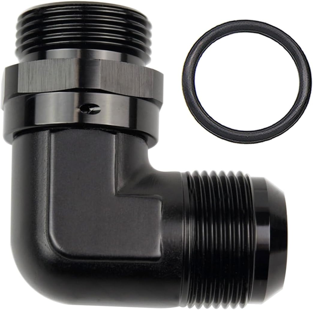 High Flow Radius 90 Degree Aluminum 16AN Male Flare to 16AN Male Swivel Fitting Adapter With AN16 O ring ORB Port, Black