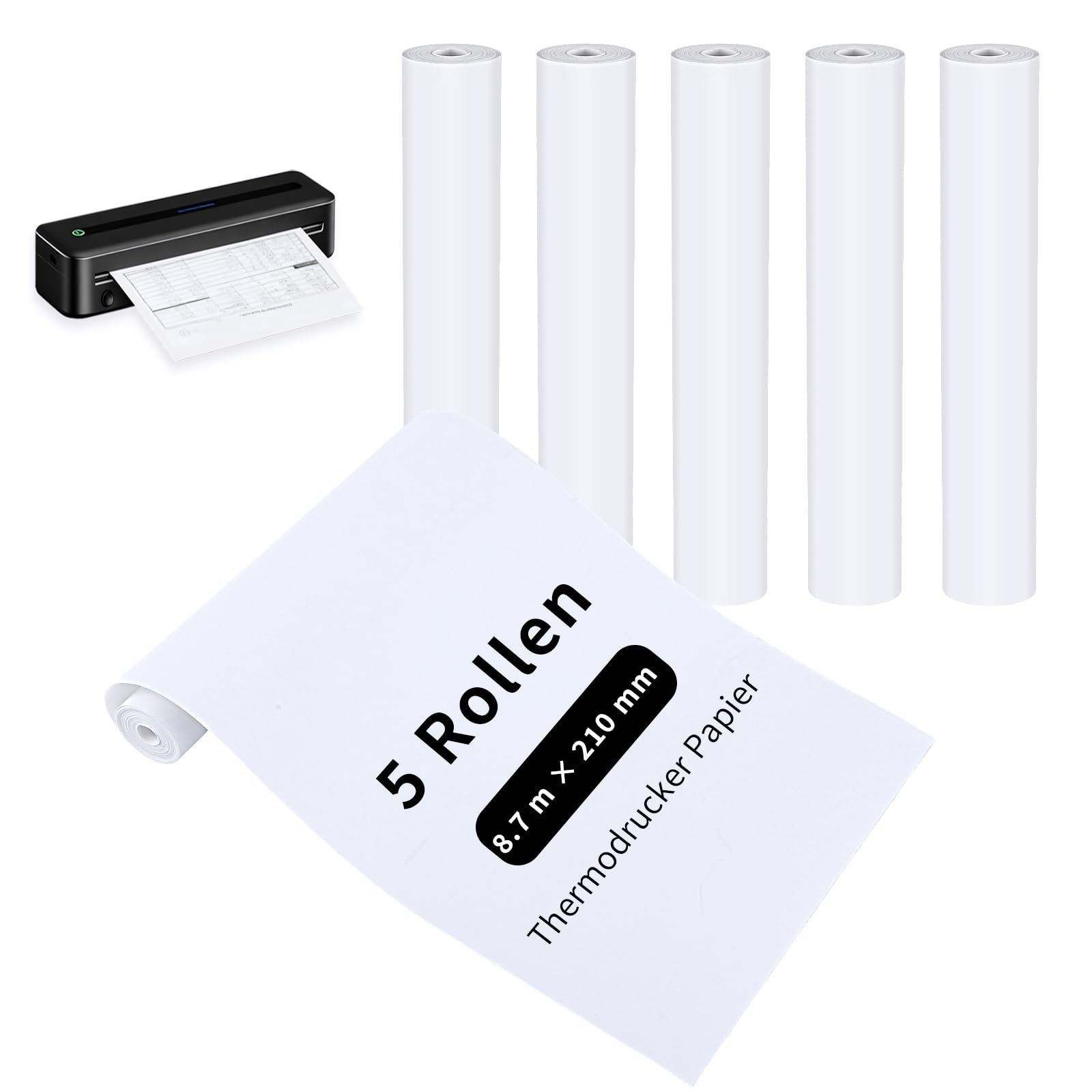 5 rollos de papel térmico A4, 8,7 m x 30 mm, papel térmico para impresora portátil, papel térmico para archivos, documentos, fotos
