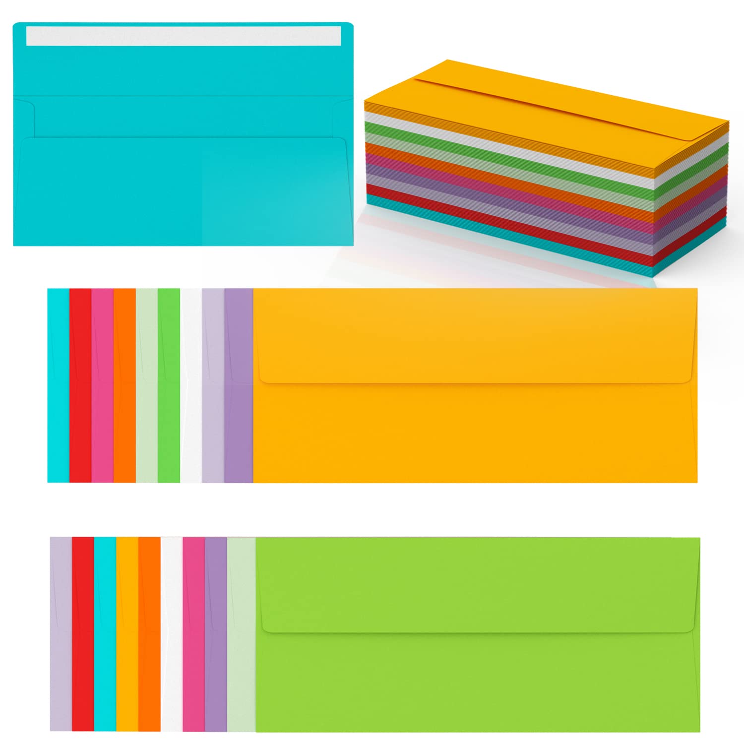 100 Pack Business Envelopes 4.13 x 9.49 Inches Self Seal Standard Envelopes, for Office Checks, Business, Letter Mailing Invoices, 10 Colorful
