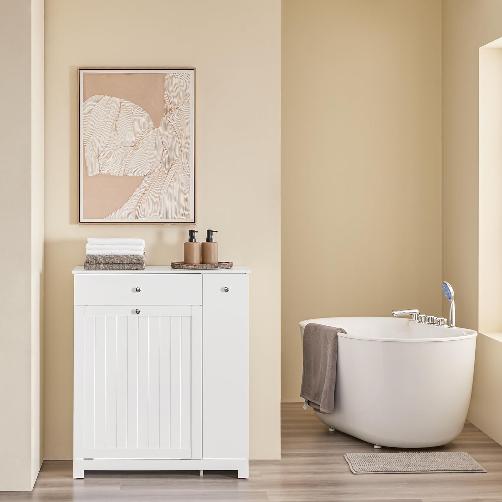 SoBuy Mueble Baño con Cesto para Ropa Sucia 78x38x90 cm, Lavandería y Baño | Armario Baño con Cajón, 2 Cestos Extraíbles y Compartimento Deslizante, Mueble Baño Auxiliar, Blanco BZR214-W