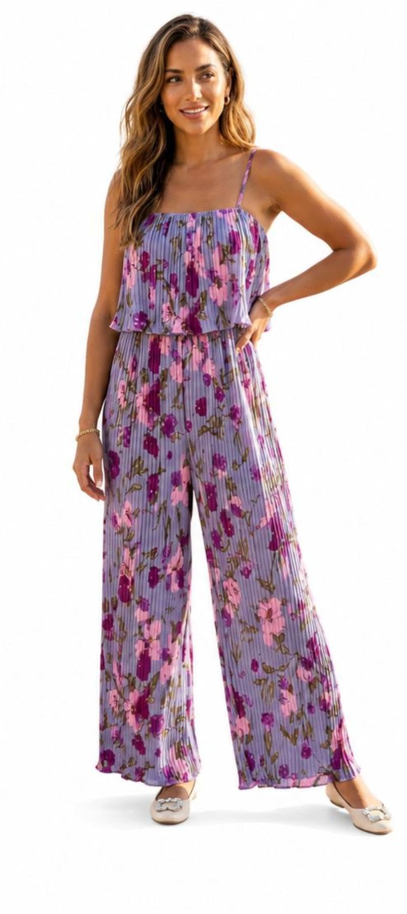 Women’s Floral Pleated Wide Leg Jumpsuit | Sleeveless Spaghetti Strap Printed Jumpsuit | Lavender-picture-13