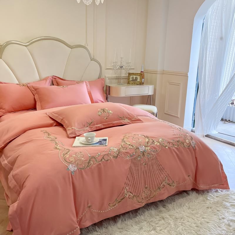 Image of JJ's Imported Skin Friendly Pure Washed Cotton Heavy & Beautifully Embroidered Wedding Style 5 Pcs King Size Double Bed Luxury Bridal Bedding Set with Heavy Comforter /Quilt (Peach)