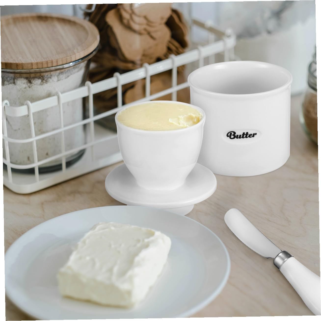 GLEAVI Beurrier en Céramique Blanc 500ml Grosse Capacité Couvercle