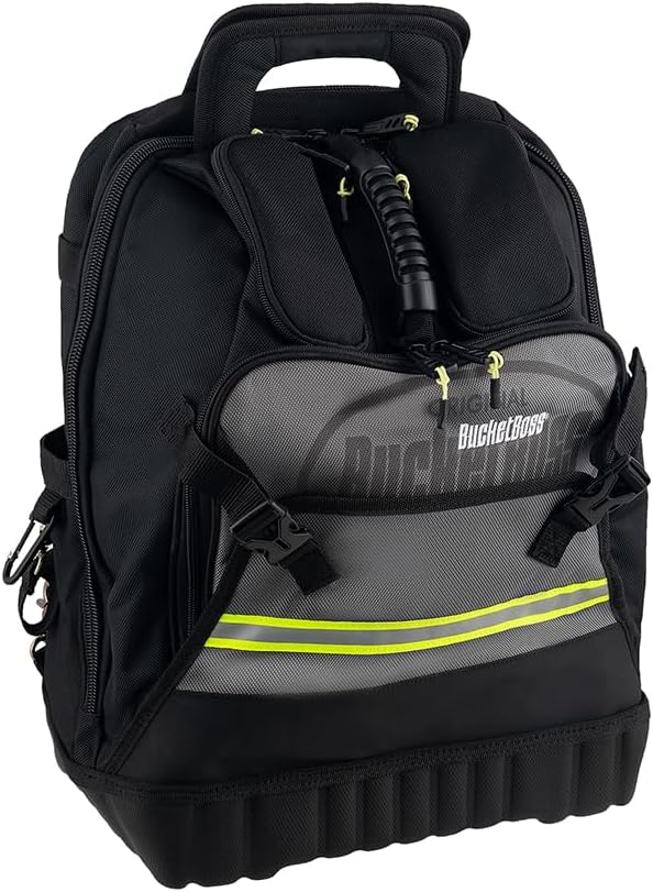 Bucket Boss High-Visibility Pro Tech Tool Pack with StayPut Handle Grips, Waterproof Molded Rubber Bottom, Waterproof Zipper, 32 Total Pockets, in Grey, 65180-HV