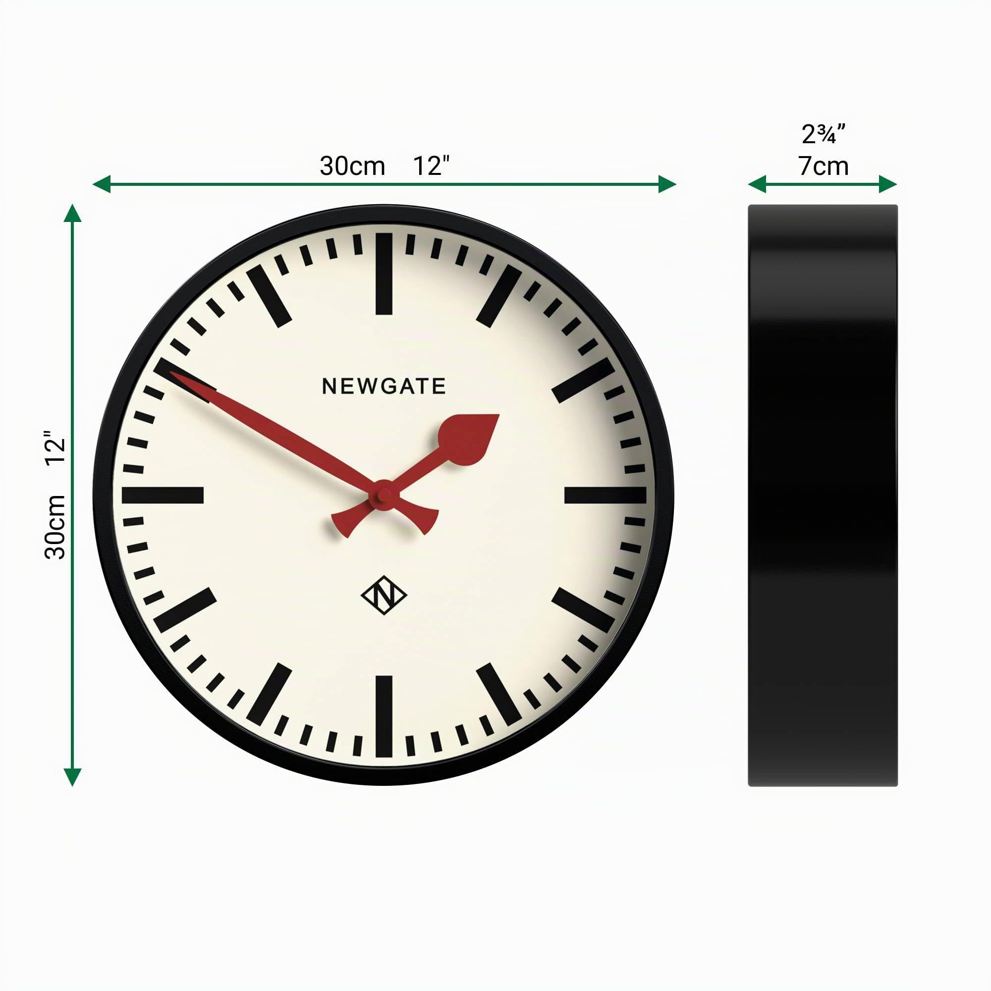 NEWGATE® Luggage Reloj de Pared | Reloj Moderno de estación de Metal Retro | 30cm | Caja metálica Profunda en Negro | Estilo Vintage contemporáneo para Cocina, salón u Oficina