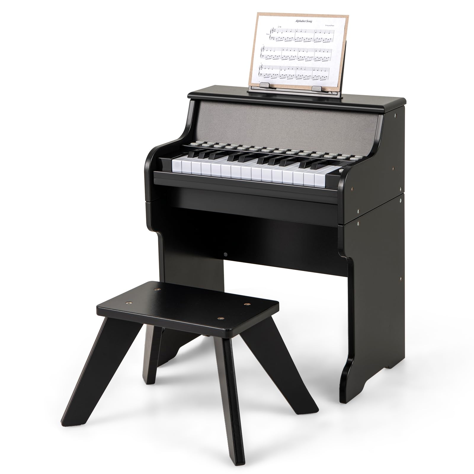 GOPLUS Set de Piano Infantil de Madera, Teclado Digital 25 Teclas con Taburete y Atril Portátil, Enseñanza Interactiva, 6 Instrumentos, 8 Percusiones, Volumen/Velocidad Ajustables, 3+ Años (Negro)