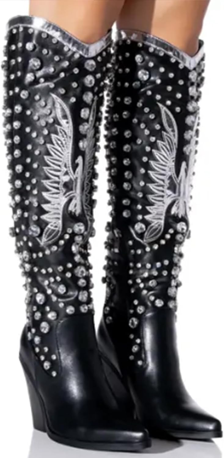 Women's Rhinestone Cowboy Boots With Women Eagle Embroidered Cowgirl Boots Pointed Toe Chunky Heel Western Knee High boots