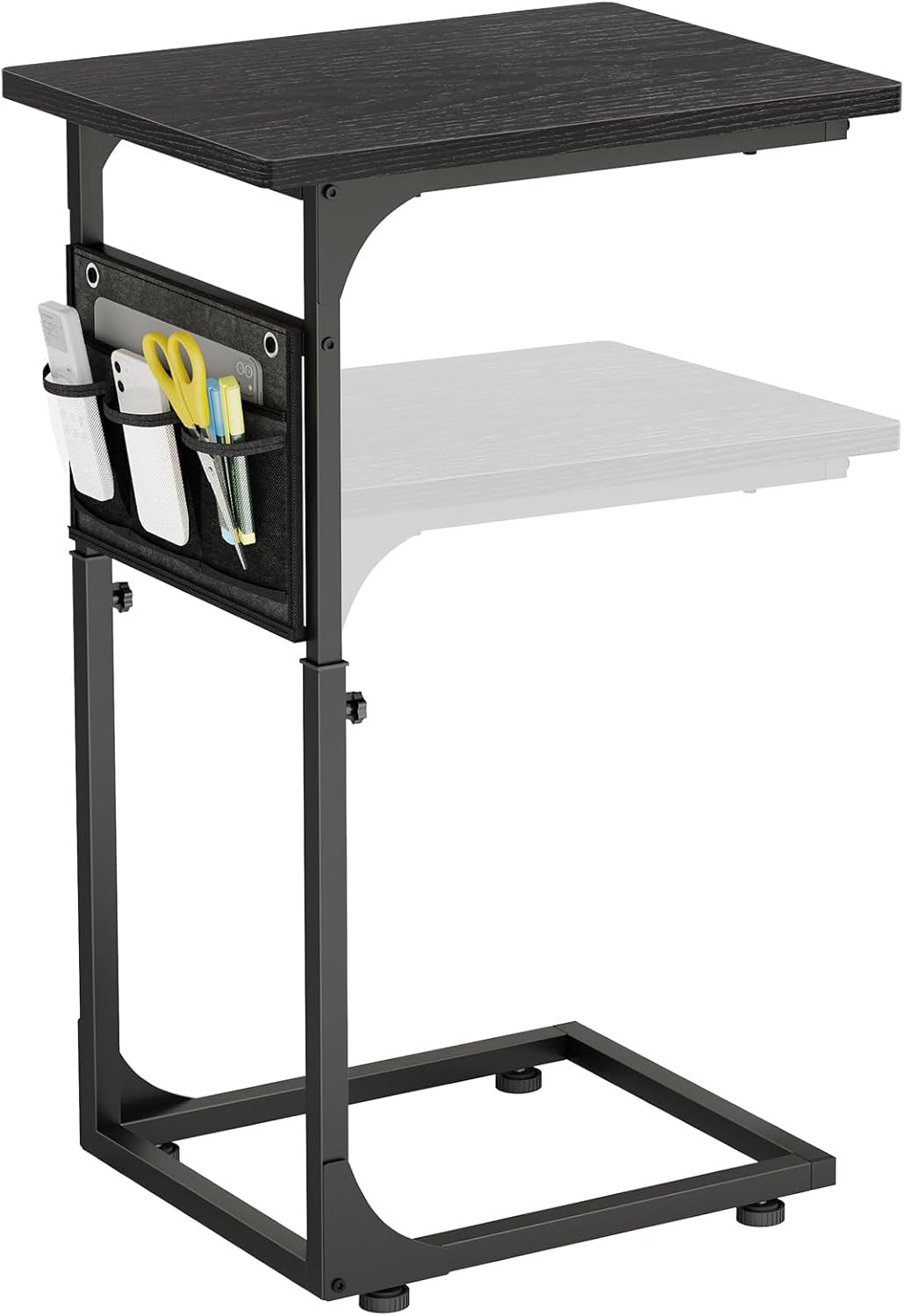 Fixwal C Shaped End Table Adjustable Height Side Table for Couch, TV Tray with Storage Bag Slide Under Sofa Small Tables for Living Room, Bedroom & Office, Black Black Long Board