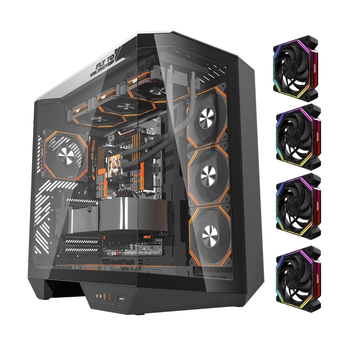 Darkflash DY470 ATX/MATX/ITX Triple Glass Gaming PC Case with 4*120MM ARGB Fans & GPU Holder, Triple Glass Design, Supports 360MM Radiators, USB Type-C, 10*120MM Fans Compatible Gaming Case (Black)
