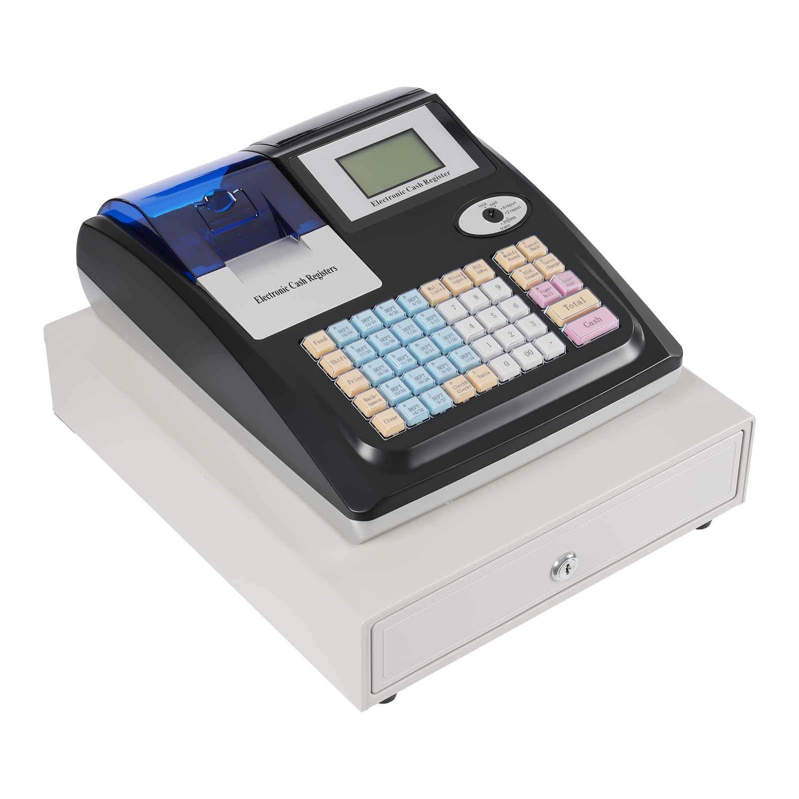 RjcdOPL Electronic Cash Register, 48-Key LED Display Till, Tabletop POS System with Banknote Detector & Secure Drawer, 10,000 PLUs, Ideal for Retail, Restaurants & Convenience Stores