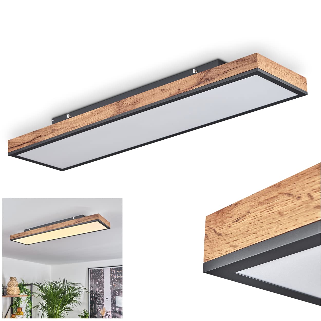 hofstein Salmi LED Panel Modern Ceiling Panel Metal and Wood in Black/White/Natural, 24 Watt, 1 Bulb, 2100 Lumens, Light Colour 3000 Kelvin (Warm White), Oblong Ceiling Light in Flat Design
