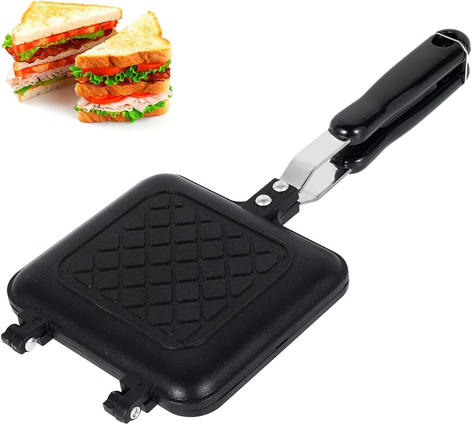 Lwuey Hot Sandwich Panini Maker, Non Stick Grilled Makers Pan with Handle Stovetop Toasted Detachable Sandwiches Maker Aluminum Flip Pans Double Sided Frying Pan for Camping Pie Making 13.8 * 5.9