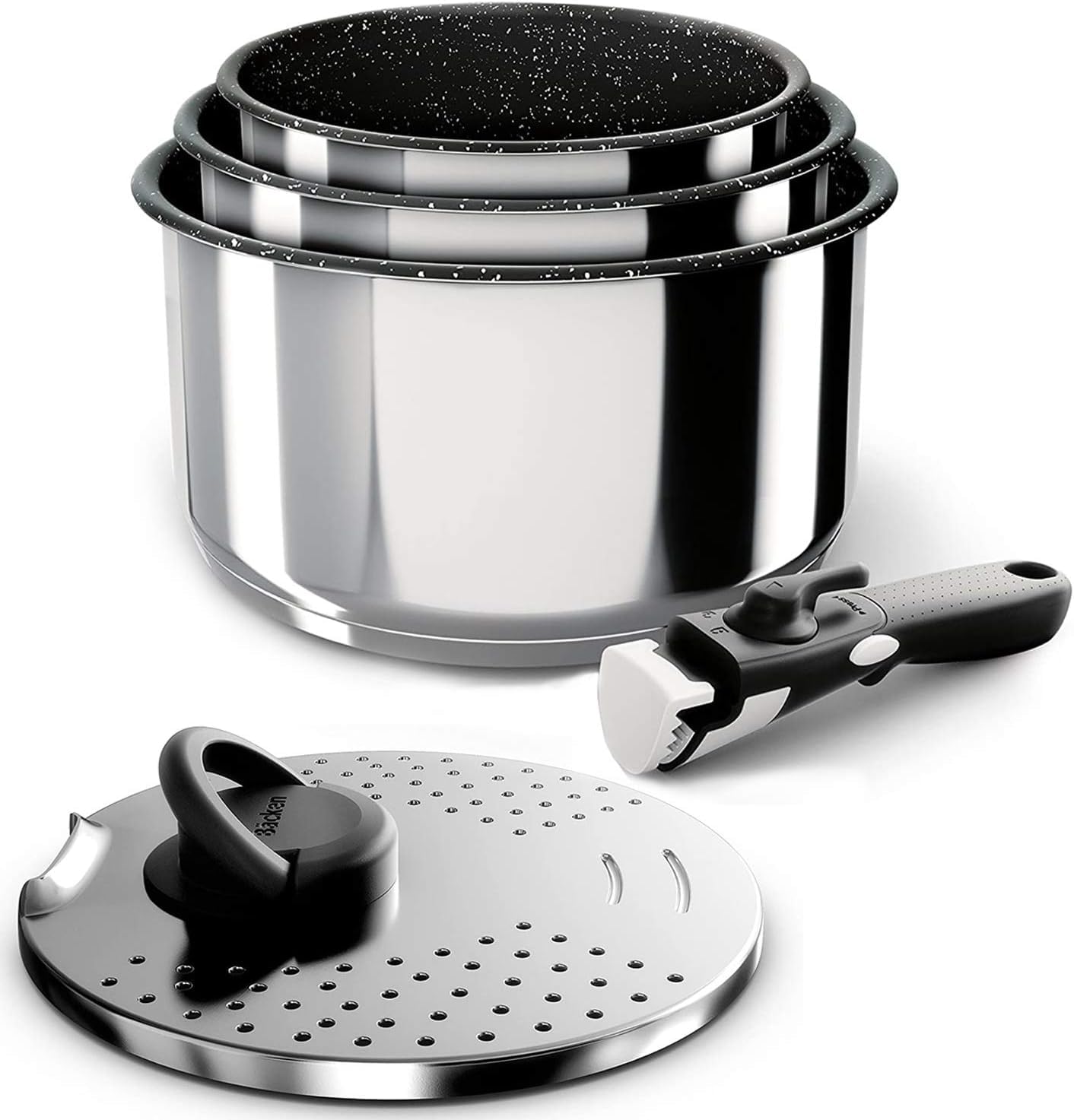 Backen 391505, Topfset 16, 18, 20 cm, Edelstahl, 5-teilig, Induktion, 1 abnehmbarer Griff, 1 Multi-Positions-Metalldeckel, Spülmaschinengeeignet, Antihaftbeschichtung, 5 Jahre Garantie.