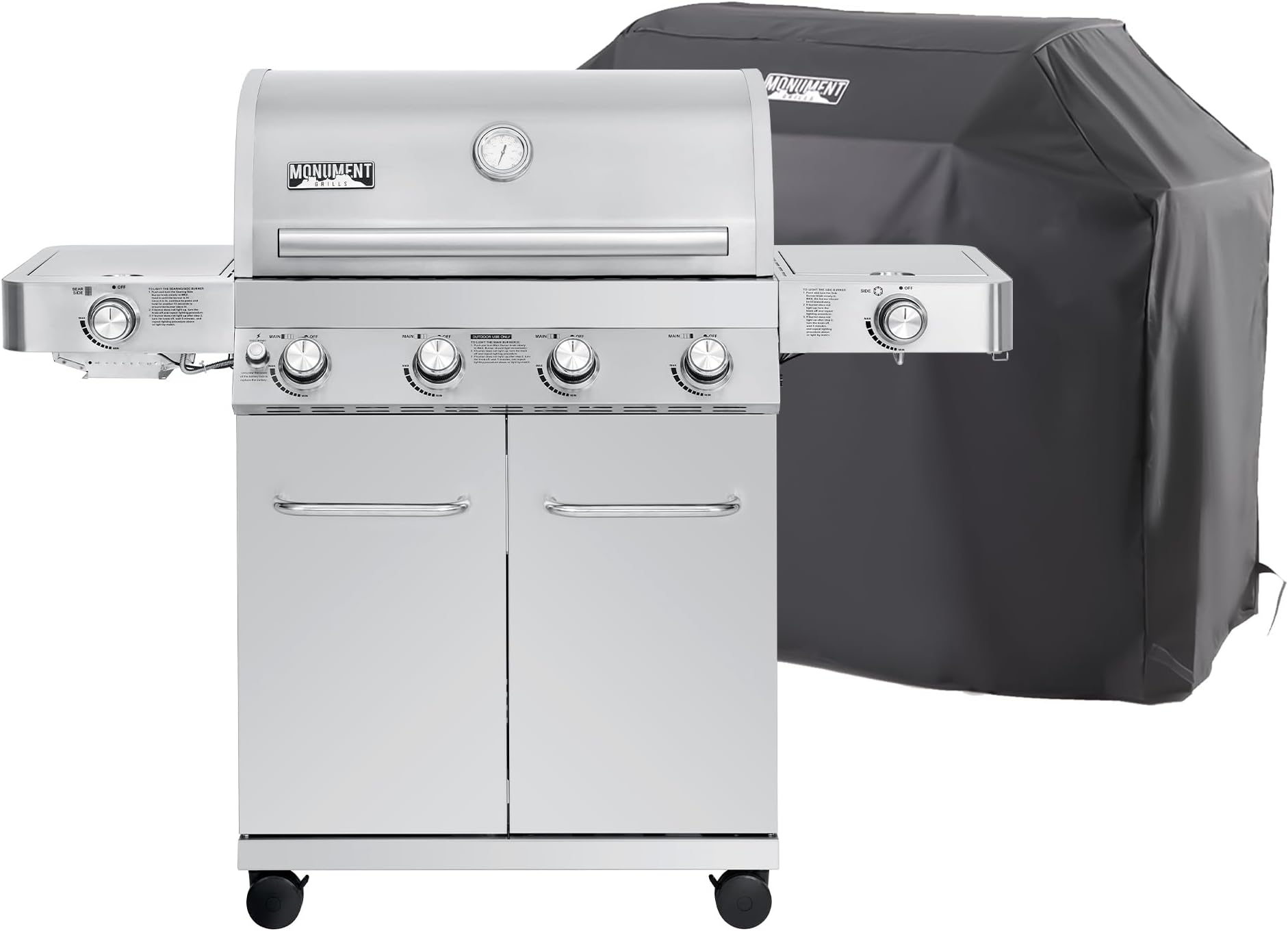 Monument Grills Larger 4-Burner Propane Gas Grills Stainless Steel with BBQ Cover(2 Items), Outdoor Use