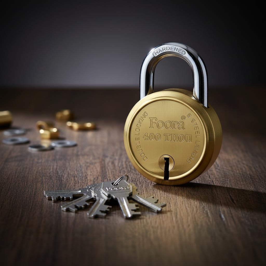 Foora 400 Thou Gold Lock with 10 Keys, Double Locking, Hardened Shackle, 8 Lever Gold Finish, Size 65mm for Home Door, Gate, Shop — Amazon image 2
