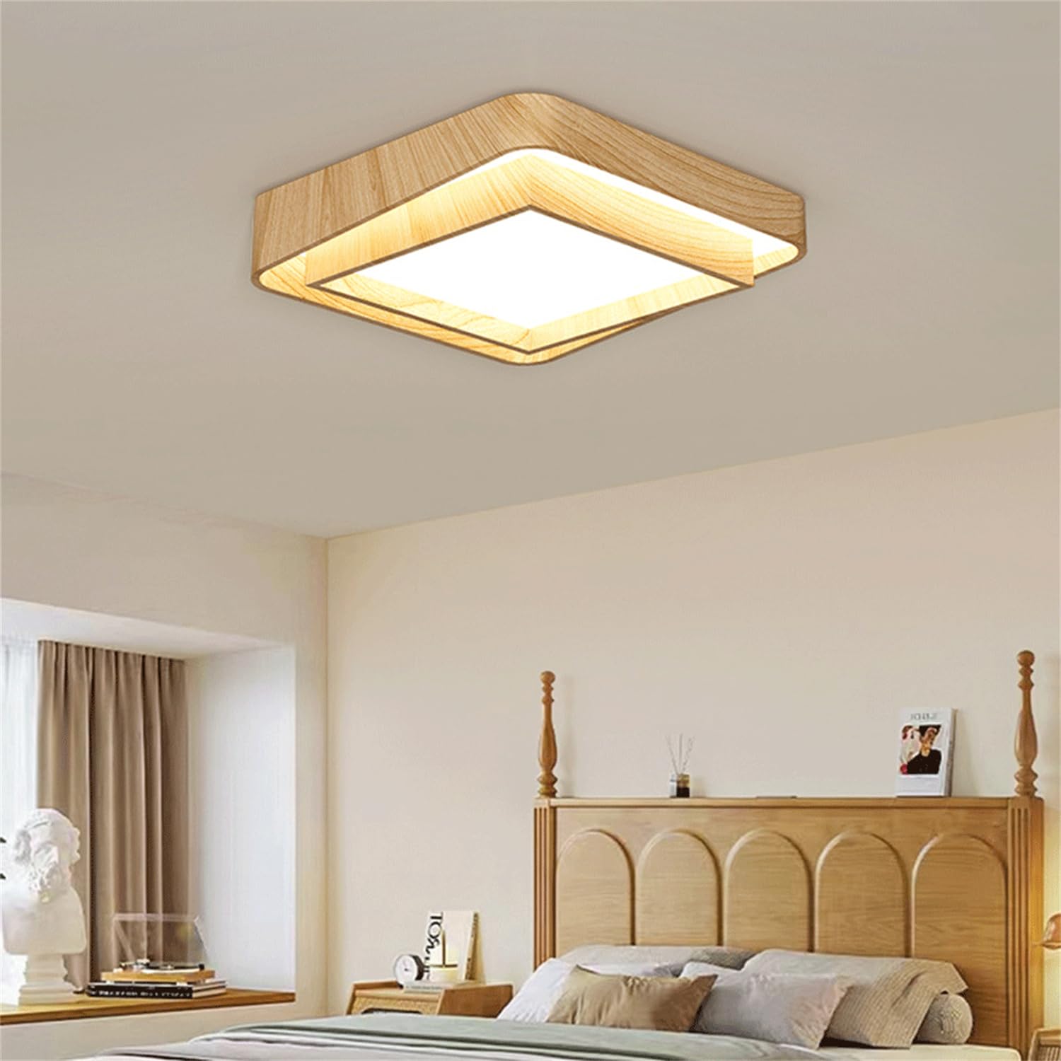 Lámpara Techo LED Metal Con Panel Cuadrado, Imitación Madera.