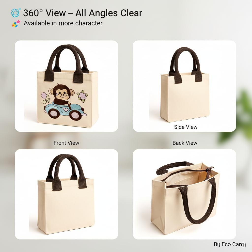 ECOCARRY Kids Lunch Bag | Cute & Stylish Embroidery Mini Tiffin Bag for Boys & Girls | Cute Cotton Cartoon Design | Picnic Tuition School, Preschool & Playschool | Gift for Birthday (Monkey) 1