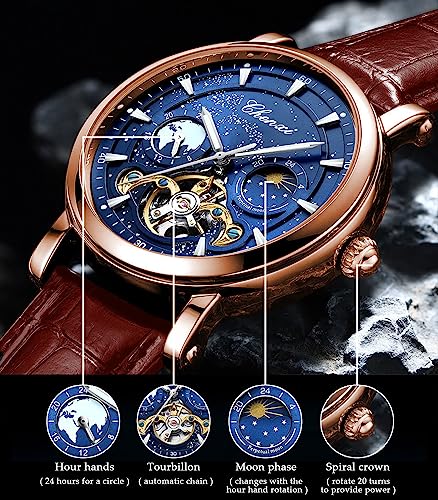 Image of FORSINING Men's Watch Luminous Starry Sky with Moon Phase Tourbillon, Mechanical Automatic Self-wind Fashion Watches, Stainless Steel Case Leather Belt Wristwatch