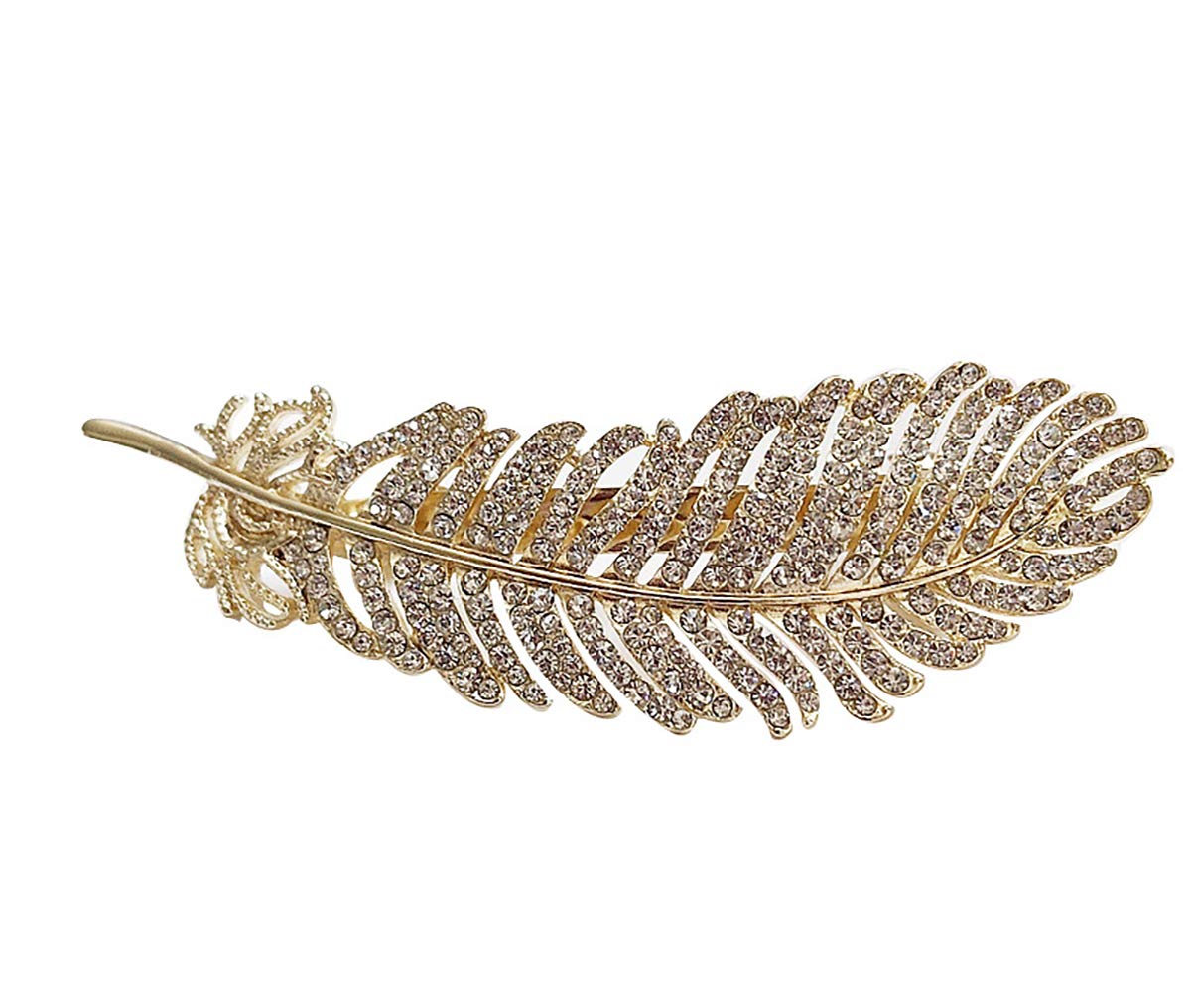 Vintage Rhinestone Leaf Feather Style Hair Barrette Hair Clip Elegant French Clip Wedding Hair Pin (Gold)
