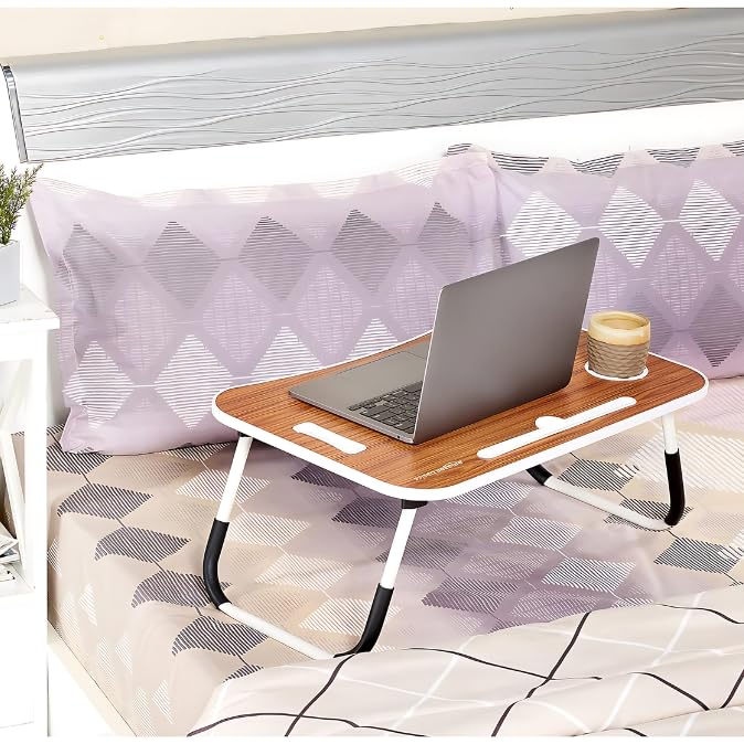 Neonnest Multipurpose Foldable Engineered Wood Laptop Table/Desk with Cup Holder, MAC/Tablet Holder I Study Table I Bed & Breakfast Table I Portable I Ergonomic | Round Edges I Non-Slip Legs - Brown