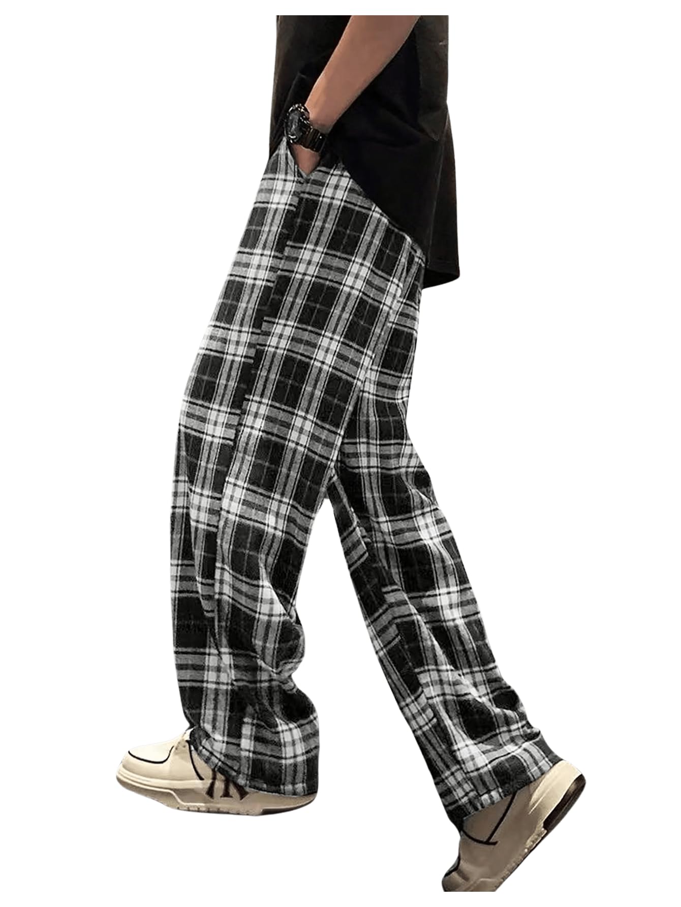 Floerns Mens Plaid Long Pants Elastic Waist Straight Leg Casual Trousers Streetwear with Pocket