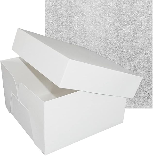 Culpitt 12 Inch Square Silver Cake Drum Board & White Cake Box Combo