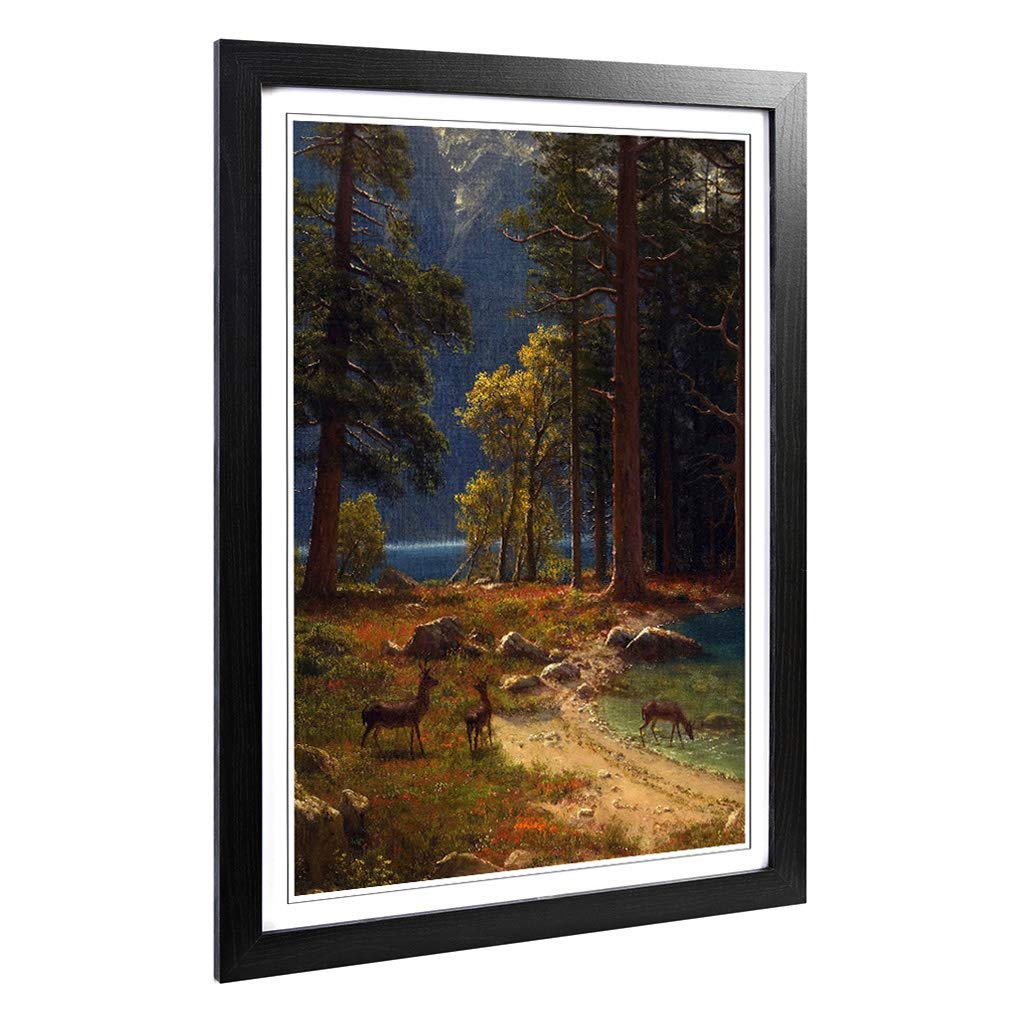 Big Box Art Framed Print of Albert Bierstadt Group of Deer Beside a Lake Design | Wall Art Picture | Home Decor for Kitchen, Living Room, Bedroom, Hallway, Black, A2 / 24.5x18 Inch / 62x45cm
