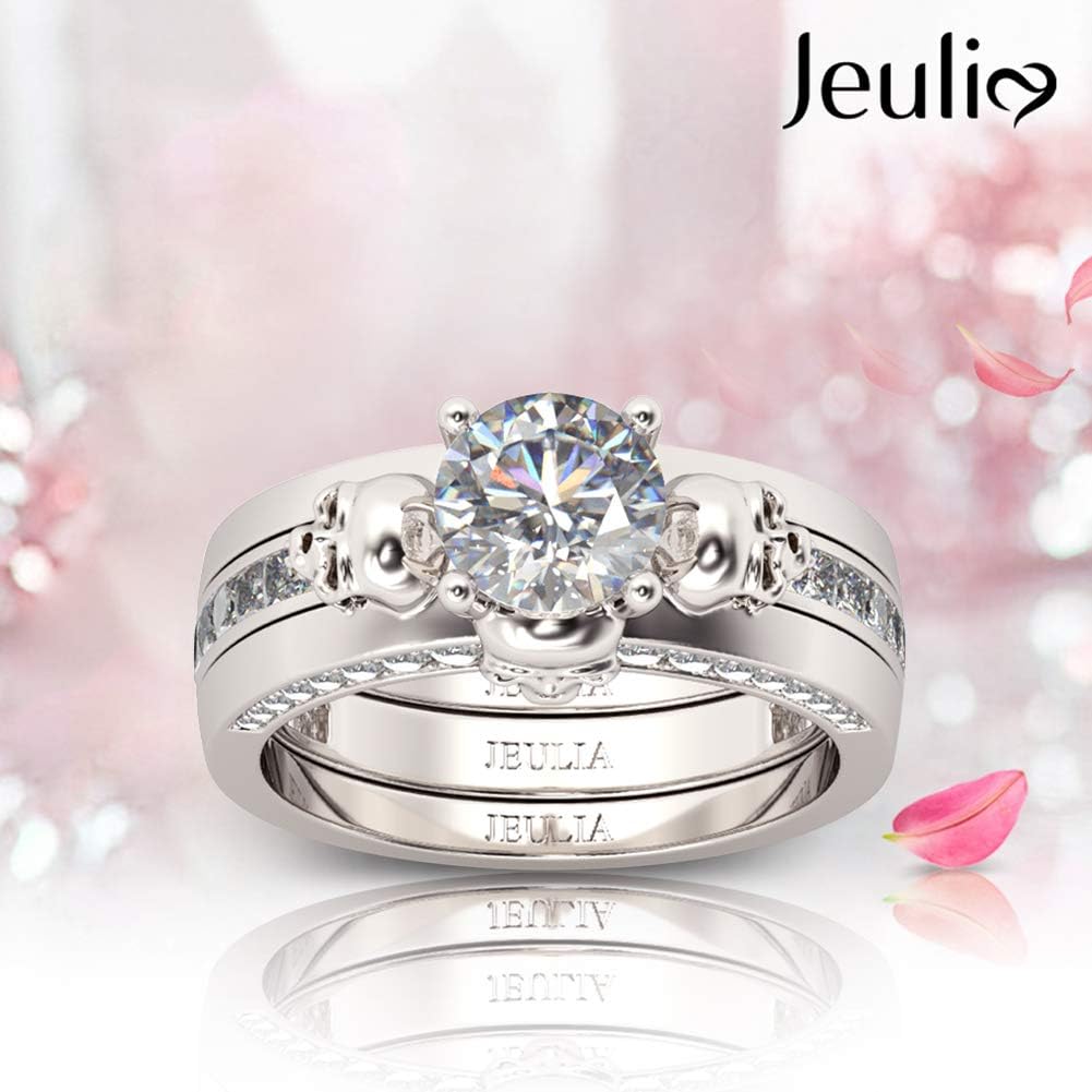 Jeulia 2.5 Carat Interchangeable Wedding Ring Sets for Women 925 Sterling Silver Skull Rings Round Cut Cubic Zirconia Engagement Rings CZ Solitaire Promise Wedding Band with Jewelry Gift Box