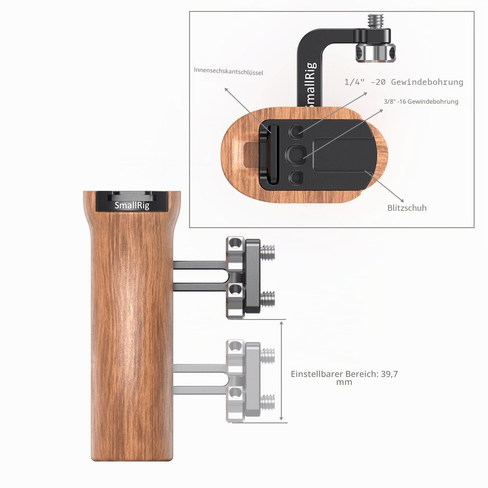 SMALLRIG Universal Wooden Handle mit Threaded Holes und Cold Shoe Holder Verstellbarer Griff für Kamera Cage - 2093C