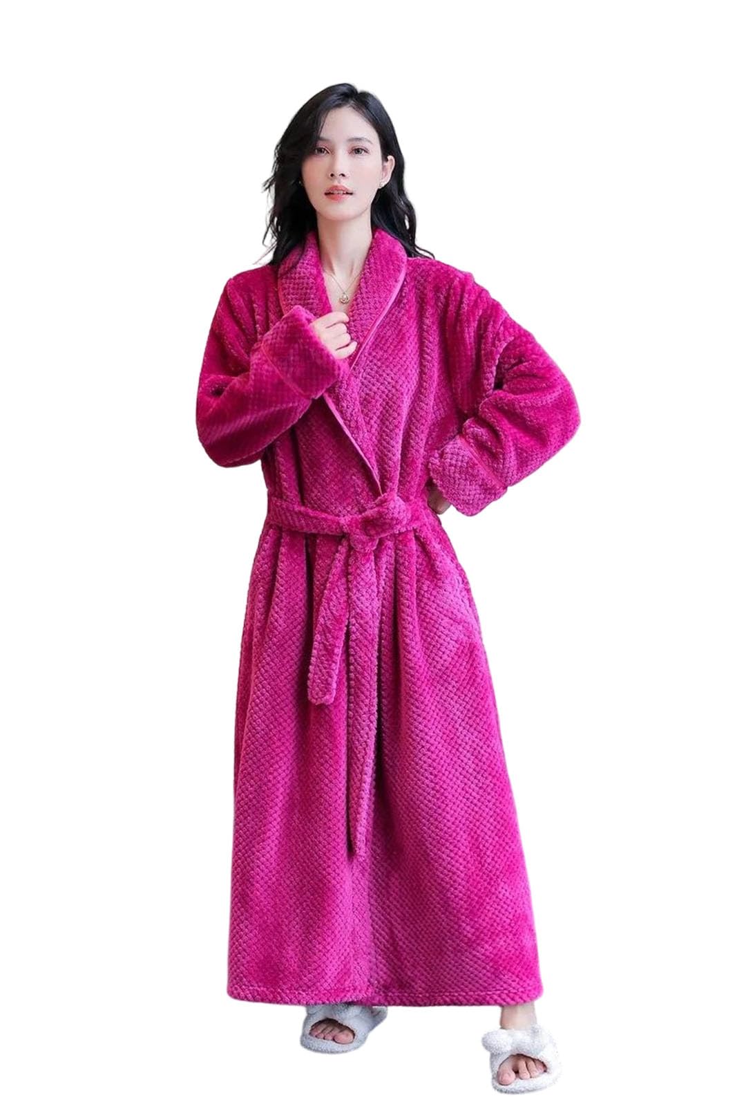 Men Women Thick Flannel Couple Pajamas Nightgown Bath Robe Kimono Bathrobe Fleece Sleepwear Warm Robes Belts Rose Red-Women-M