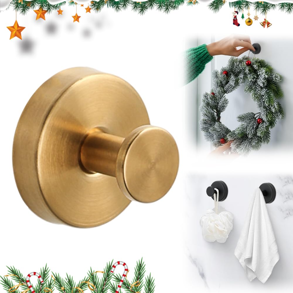 2025 Upgraded Suction Cup Hooks, Suction Cup Hanger for Wreaths on Glass, No-Drill Stainless Steel Waterproof Hooks for Shower Bathroom (Gold, 1 PCS)