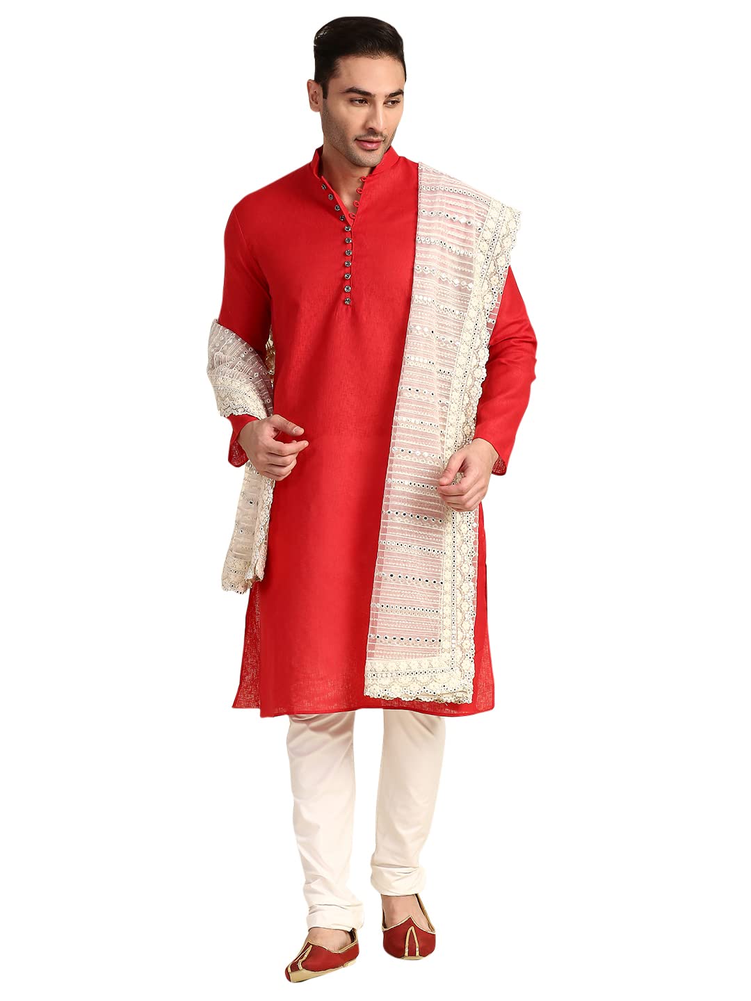 dupatta bazaar Men's Off White Mirror Work Net Dupatta for Kurta/Sherwani/Achkan-picture-13