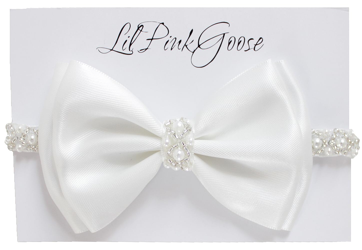 0-12 Newborn Baby Baptism Pearl Headband with Bow in WHITE Christening Headband with Satin Bow, Pearl Rhinestone Band (Off White(1 Year&up), 1 Year&up)