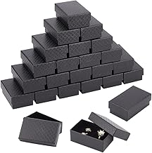 BENECREAT Pack of 24 Diamond Pattern Cardboard Jewellery Boxes 8 x 5 x 3 cm Rectangle Ring Earring Necklace Gift Boxes with Sponge Insert for Anniversaries, Weddings, Birthdays, Black