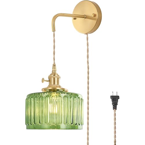 Vintage Wall Sconce Wall Lamp with Green Striped Glass Shade Hanging Wall Sconce with 4.9FT Plug in Cord, Modern Wall Lamp Fixtures Decor for Bedside Bedroom Indoor Doorway