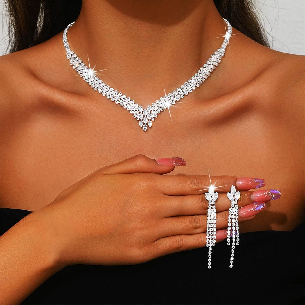 Sixexey Silver Rhinestone Wedding Jewelry Set Silver Prom Necklace Earrings Bridal Jewelry Accessories for Women - Image 3