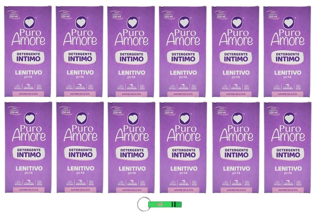 12x Puro Amore Intimreiniger Seife/Detergente Intimo Lenitivo pH 7.5 Sanfte Wirkung für die Haut 250ml + Beni Culinari Kostenloser Schlüsselanhänger