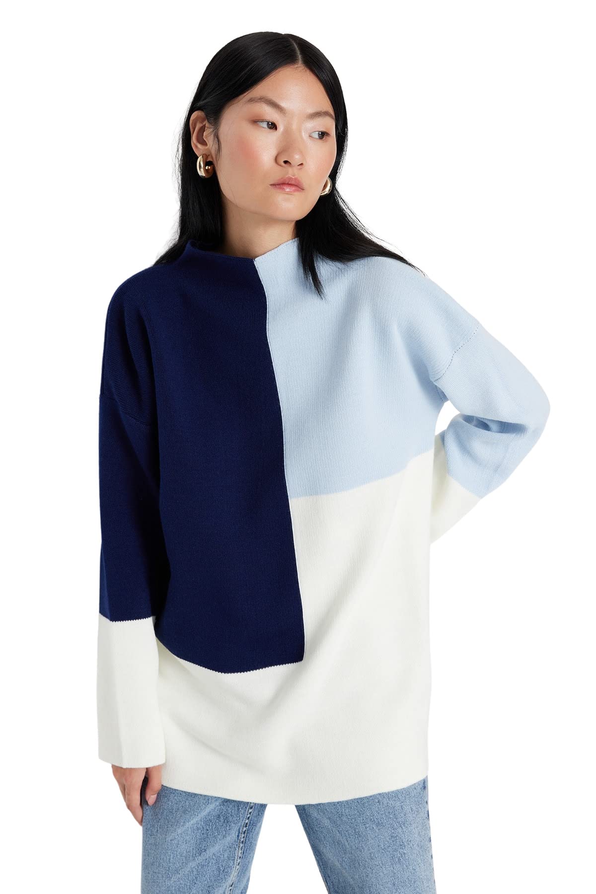 Trendyol Damen Blau Women's Farbblock Lange Ärmel Entspannt Hijab Sweater, Blue, Xl