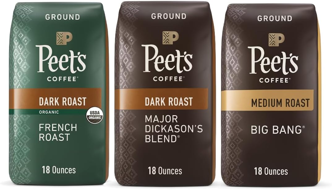 Dark and Medium Roast Ground Coffee Bundle - Major Dickason's Blend, Big Bang, USDA Organic French Roast 54 Ounces (3 Bags of 18 Ounces)