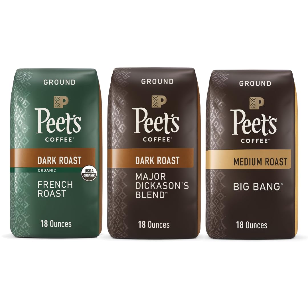 Peet's Coffee, Dark and Medium Roast Ground Coffee Bundle - Major Dickason's Blend, Big Bang, USDA Organic French Roast 54 Ounces (3 Bags of 18 Ounces)