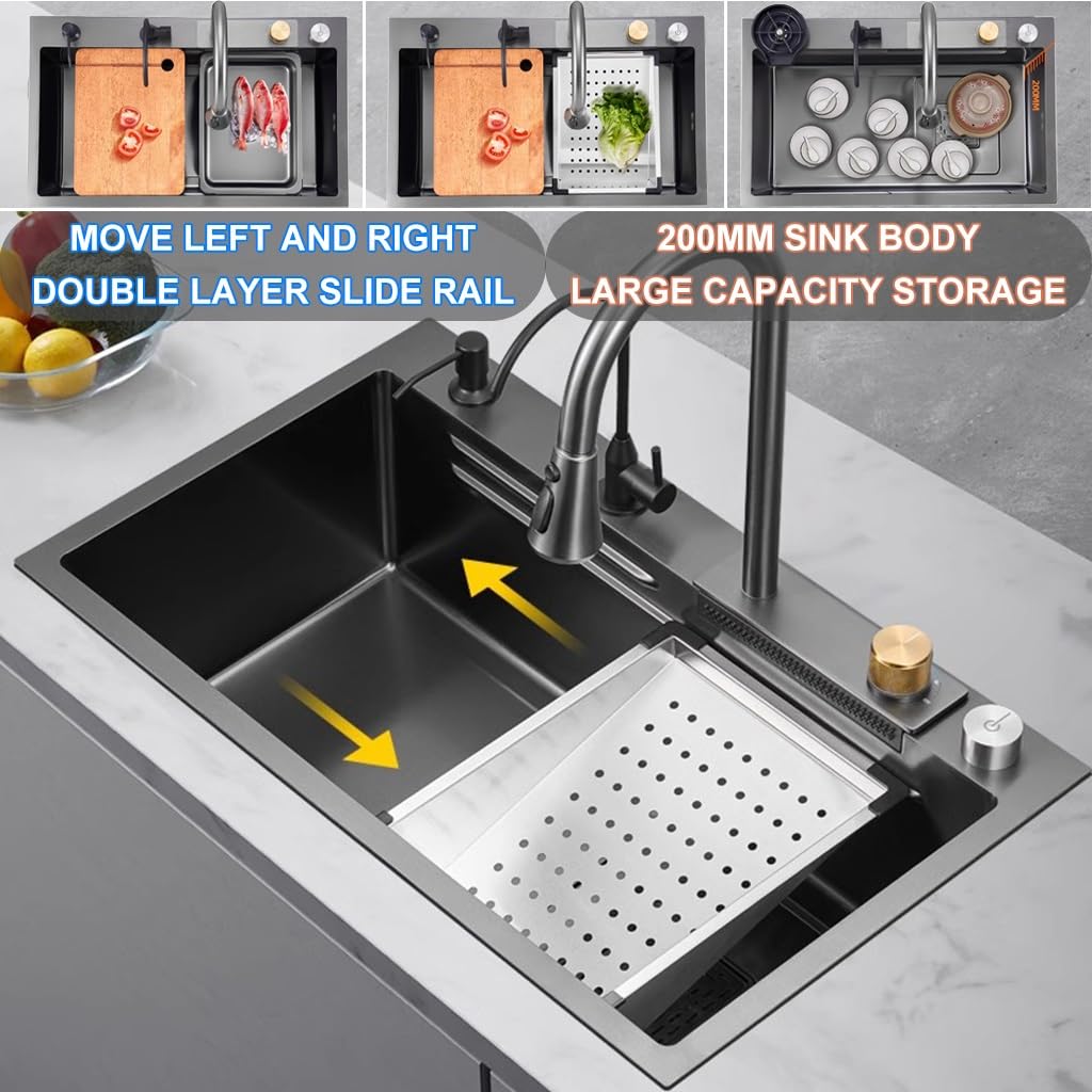 Fregadero de cocina de acero inoxidable 304, fregadero de barra de un solo cuenco, grifo desplegable de cascada y juego completo de accesorios de doble montaje (tamaño: 80 x 45 x 22 cm)