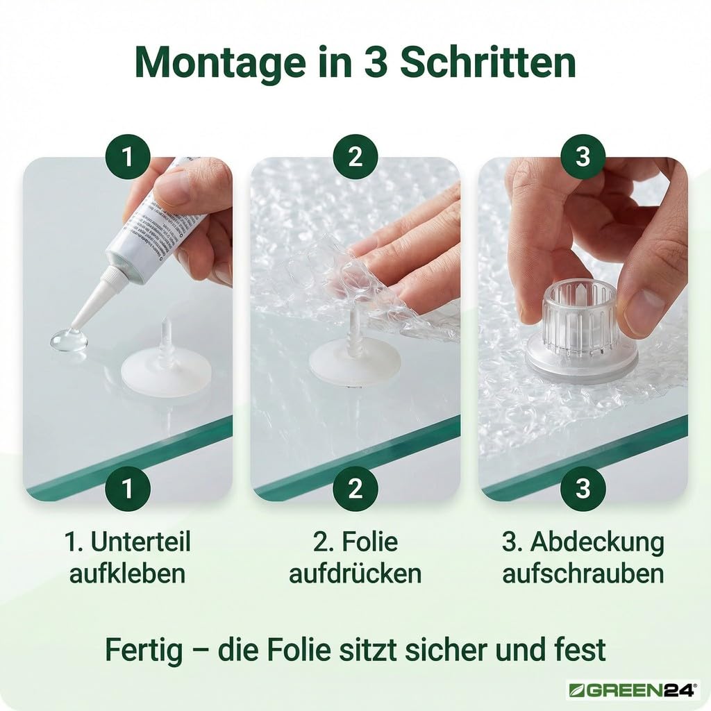 GREEN24 Profi Folienhalter 100 Stück, Halterung - Befestigung für Luftpolsterfolie Isolierfolie Noppenfolie, zum kleben. Klebe-Halter für Glas, Kunststoff und Metall.