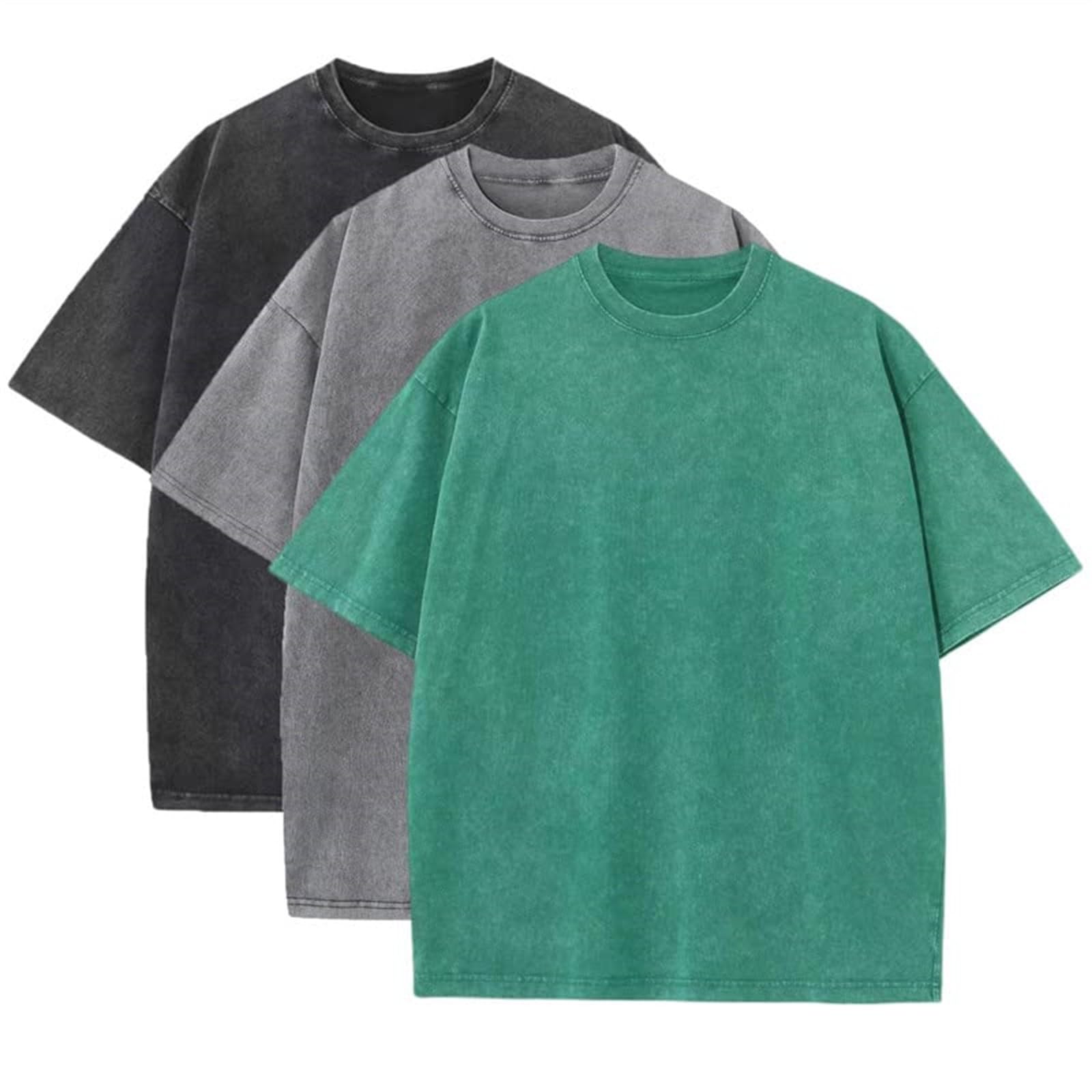 Confezione da 3 magliette da uomo in cotone, a maniche corte, basic da uomo, tinta unita, da uomo, oversize, estive, streetwear, lavate, vintage, girocollo, taglie forti